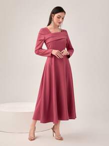 Modelyn Asymmetrical Neck Fold Pleated Detail Dress Without Belt - Watermelon Pink - View 4