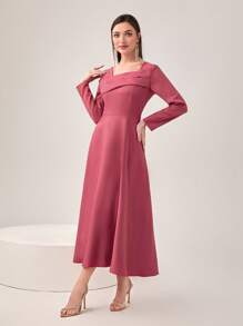 Modelyn Asymmetrical Neck Fold Pleated Detail Dress Without Belt - Watermelon Pink - View 5