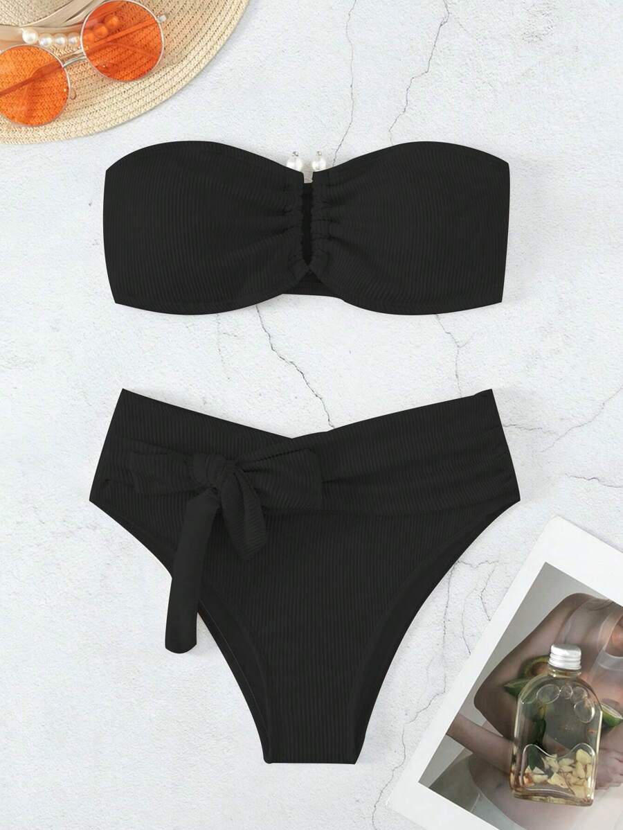 SHEIN Swim 羅紋前打結抹胸比基尼泳裝 - 黑色 - 查看 1