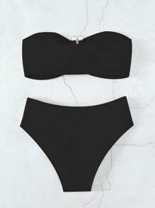 SHEIN Swim 羅紋前打結抹胸比基尼泳裝 - 黑色 - 查看 2