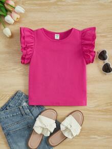 SHEIN Áo phông dệt thoi hai lớp có tay xếp nếp màu hồng cho bé gái mới biết đi có cổ tròn - Màu Hồng Tươi - Xem 1