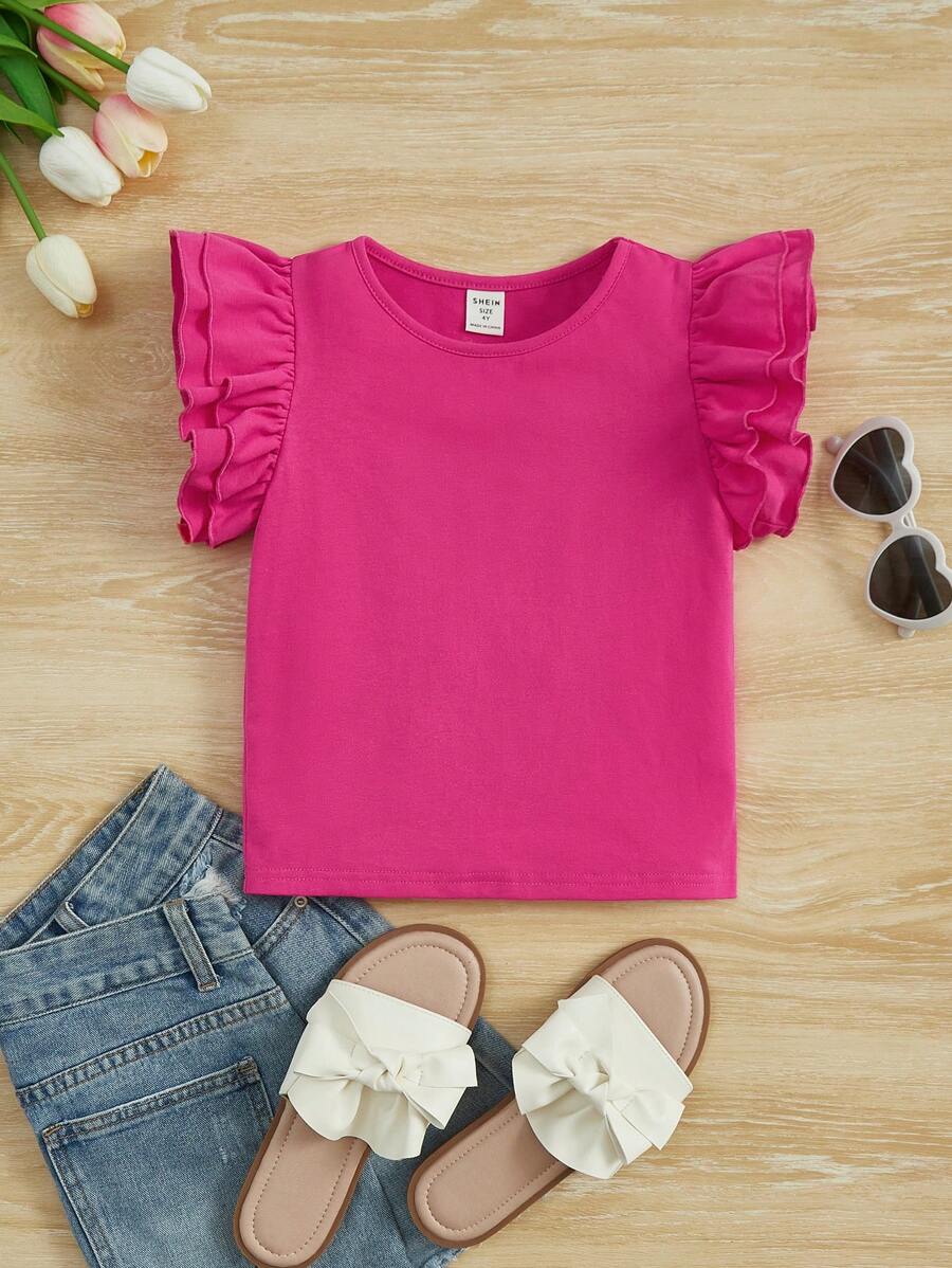 SHEIN Áo phông dệt thoi hai lớp có tay xếp nếp màu hồng cho bé gái mới biết đi có cổ tròn - Màu Hồng Tươi - Xem 1