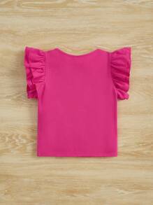 SHEIN Áo phông dệt thoi hai lớp có tay xếp nếp màu hồng cho bé gái mới biết đi có cổ tròn - Màu Hồng Tươi - Xem 2