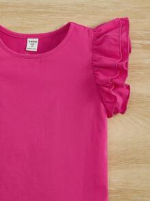 SHEIN Áo phông dệt thoi hai lớp có tay xếp nếp màu hồng cho bé gái mới biết đi có cổ tròn - Màu Hồng Tươi - Xem 4