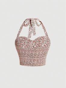 SHEIN MOD Áo hai dây Plus Size Lộ Lưng Nút Buộc lại Dải chun Nếp gấp Phần Ngực Họa tiết hoa Boho - Nhiều màu - Xem 2