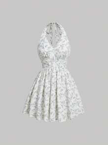 SHEIN MOD Đầm Lộ Lưng Buộc lại Dải chun Họa tiết hoa Boho - Nhiều màu - Xem 1