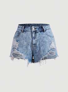 SHEIN EZwear 大碼高腰破洞毛邊牛仔短褲 - 淺色水洗藍 - 查看 1