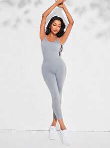 素色交叉露背運動連體褲 - 灰色 - 查看 2