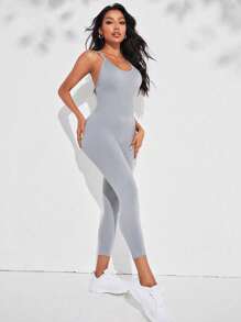 素色交叉露背運動連體褲 - 灰色 - 查看 4