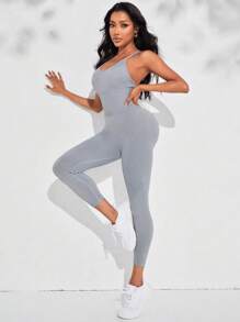素色交叉露背運動連體褲 - 灰色 - 查看 5