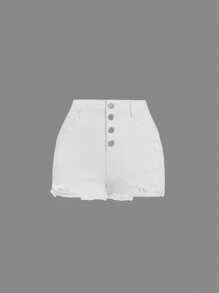 SHEIN Bé Gái Quần Shorts Denim Túi Hem thô Bị tách Nút phía trước màu trơn - trắng - Xem 1