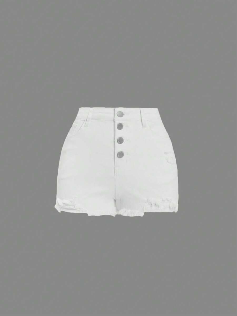 SHEIN Bé Gái Quần Shorts Denim Túi Hem thô Bị tách Nút phía trước màu trơn - trắng - Xem 1