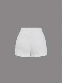 SHEIN Bé Gái Quần Shorts Denim Túi Hem thô Bị tách Nút phía trước màu trơn - trắng - Xem 2
