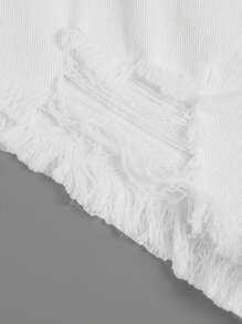 SHEIN Bé Gái Quần Shorts Denim Túi Hem thô Bị tách Nút phía trước màu trơn - trắng - Xem 3