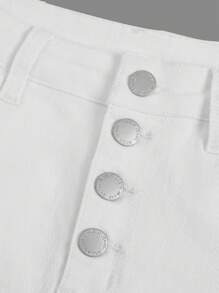 SHEIN Bé Gái Quần Shorts Denim Túi Hem thô Bị tách Nút phía trước màu trơn - trắng - Xem 4