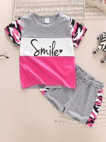 小女童字母和迷彩圖案撞色T恤和短褲 - 彩色 - 查看 1