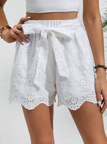 SHEIN VCAY Eyelet Embroidery Scallop Trim Belted Shorts - White - View 1