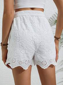 SHEIN VCAY Eyelet Embroidery Scallop Trim Belted Shorts - White - View 2