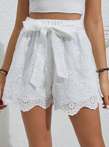 SHEIN VCAY Eyelet Embroidery Scallop Trim Belted Shorts - White - View 3