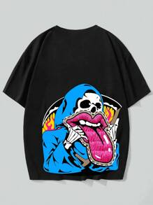 ROMWE MEN Hombres Camiseta algodón con estampado de cráneo - Negro - Ver 1