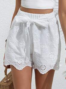 SHEIN VCAY Eyelet Embroidery Scallop Trim Belted Shorts - White - View 4
