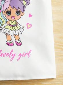 SHEIN 年輕女孩圖案和字母圖形荷葉邊修飾鑽石扣後背上衣 - 白色 - 查看 3