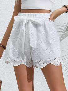 SHEIN VCAY Eyelet Embroidery Scallop Trim Belted Shorts - White - View 6