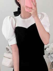 Contrast Panel Puff Sleeve Knit Top - Black and White - View 1