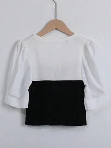 Contrast Panel Puff Sleeve Knit Top - Black and White - View 2