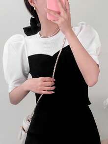Contrast Panel Puff Sleeve Knit Top - Black and White - View 3