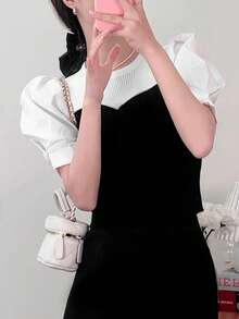 Contrast Panel Puff Sleeve Knit Top - Black and White - View 4