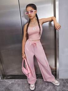 SHEIN garotas adolescentes carta corrigida Top tank & lado do bolso da aba Calças cargo