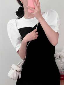 Contrast Panel Puff Sleeve Knit Top - Black and White - View 5