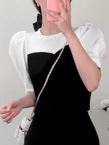 Contrast Panel Puff Sleeve Knit Top - Black and White - View 6