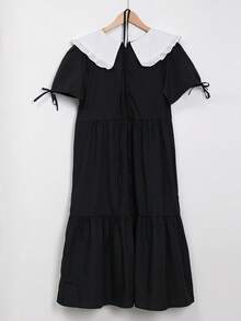 Vestido en contraste de cuello exagerado de manga farol bajo con fruncido - Negro - Ver 2