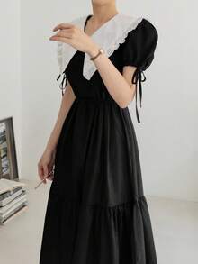 Vestido en contraste de cuello exagerado de manga farol bajo con fruncido - Negro - Ver 3