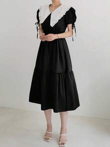 Vestido en contraste de cuello exagerado de manga farol bajo con fruncido - Negro - Ver 4