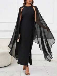 SHEIN Clasi 素色斗篷袖高衩洋裝帶披肩 - 黑色 - 查看 1