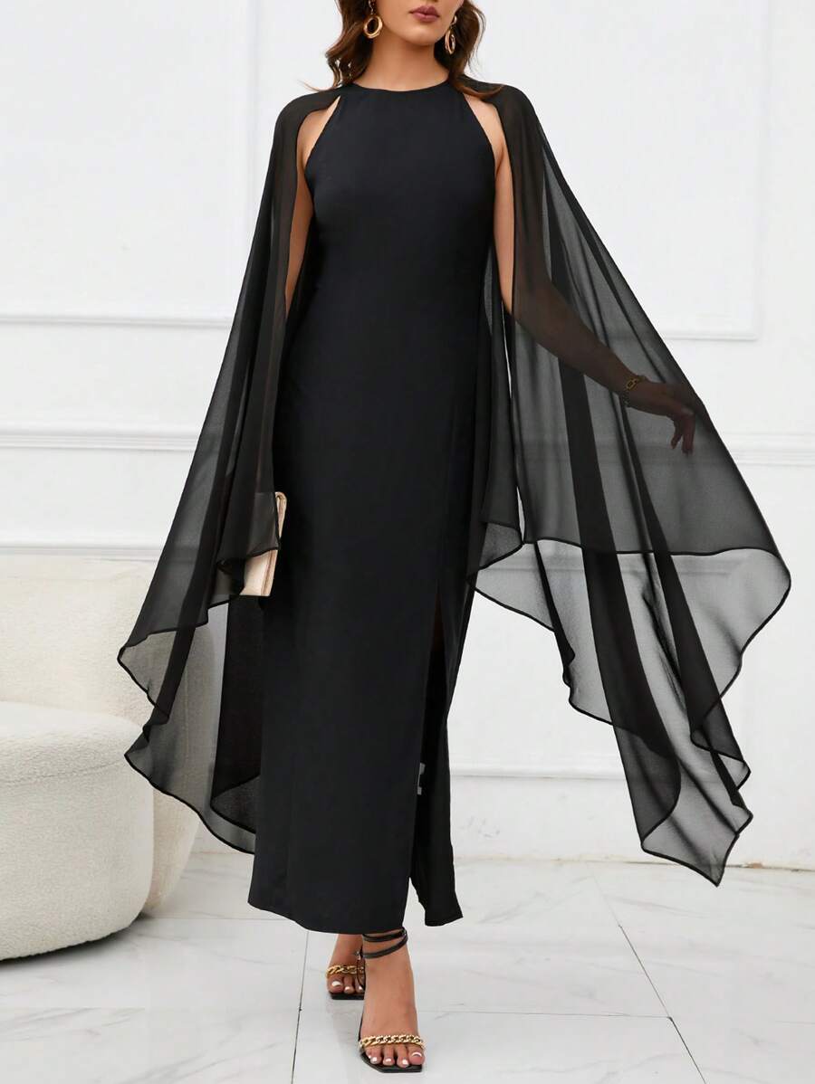 SHEIN Clasi 素色斗篷袖高衩洋裝帶披肩 - 黑色 - 查看 1