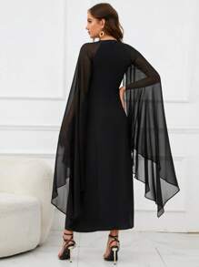 SHEIN Clasi 素色斗篷袖高衩洋裝帶披肩 - 黑色 - 查看 2