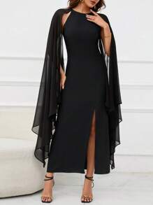 SHEIN Clasi 素色斗篷袖高衩洋裝帶披肩 - 黑色 - 查看 3