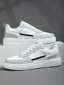 Men's Athletic Sneakers, Fashion Casual Lace-Up Skate Shoes, Personalized Streetwear Sneakers - Blue and White - View 3