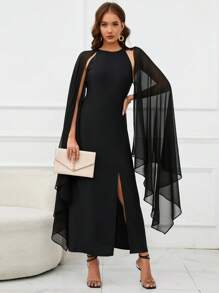 SHEIN Clasi 素色斗篷袖高衩洋裝帶披肩 - 黑色 - 查看 4