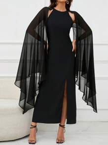 SHEIN Clasi 素色斗篷袖高衩洋裝帶披肩 - 黑色 - 查看 5