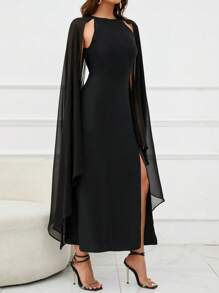 SHEIN Clasi 素色斗篷袖高衩洋裝帶披肩 - 黑色 - 查看 6