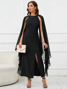 SHEIN Clasi 素色斗篷袖高衩洋裝帶披肩 - 黑色 - 查看 7