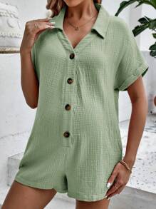 SHEIN Maternity Batwing Sleeve Button Front Romper - Mint Green - View 3