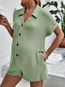 SHEIN Maternity Batwing Sleeve Button Front Romper - Mint Green - View 4