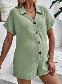 SHEIN Maternity Batwing Sleeve Button Front Romper - Mint Green - View 5