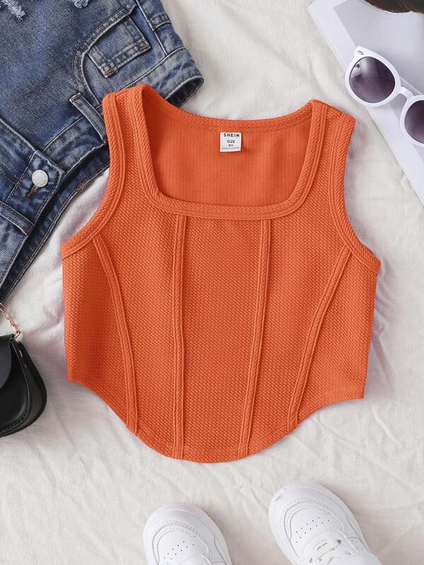 SHEIN Tween Girl Summer Solid Color Short Tank Top With Square Neckline And Curved Hem
